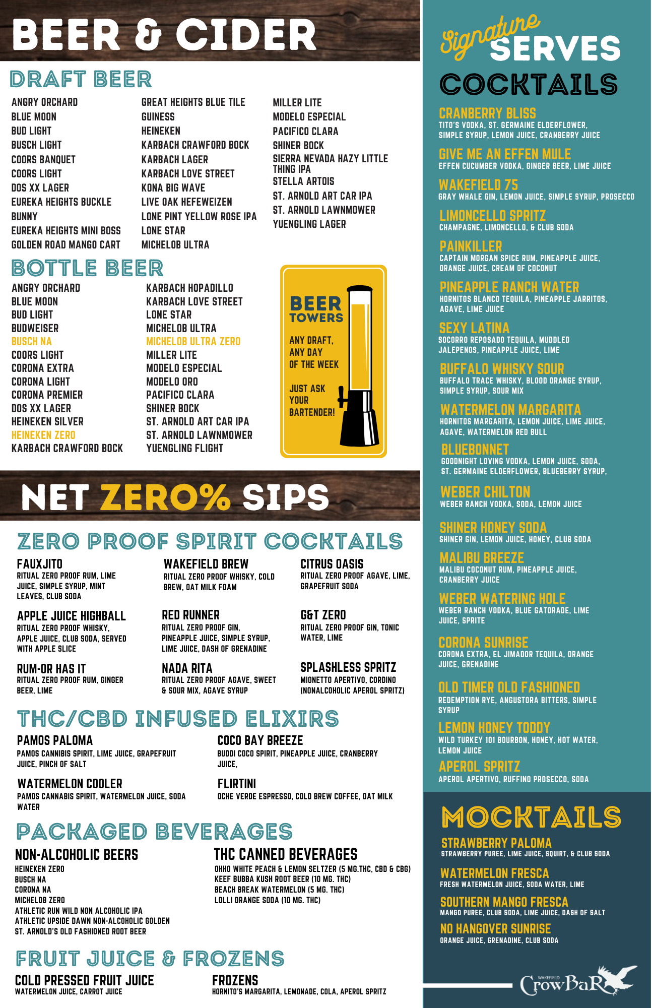 Wakefield Crowbar Houston Drink Menu